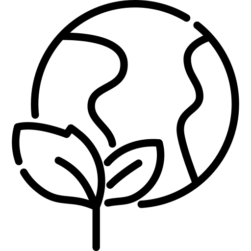 Icon einer Weltkugel mit einem Ast mit zwei Blättern davor