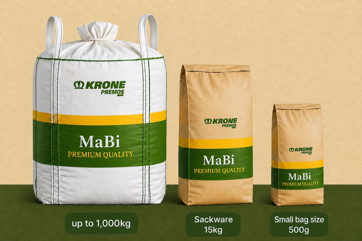 Product image of the different packaging sizes for hay cubes with info about the weight below