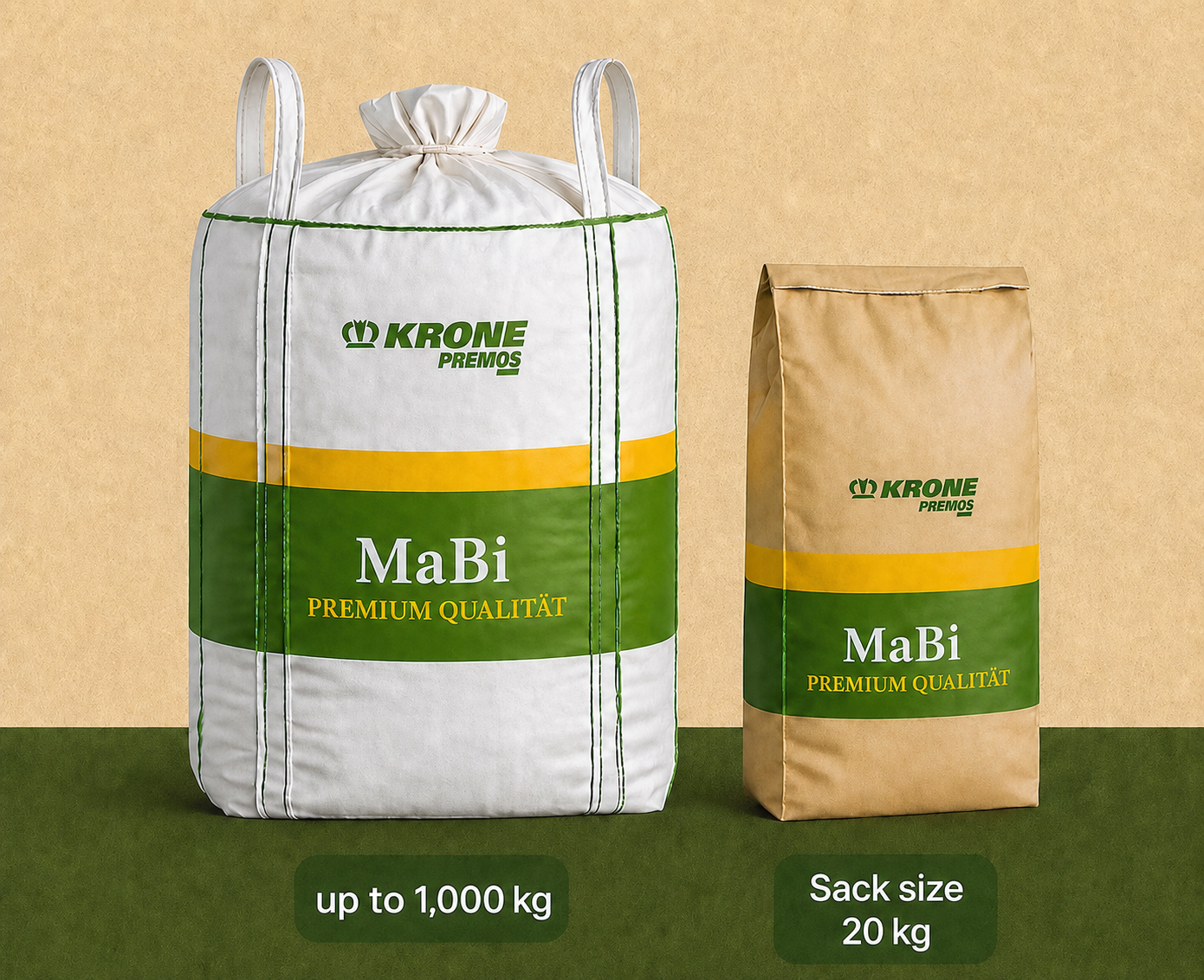 Product image of different sizing packages of straw pellets with subtitles