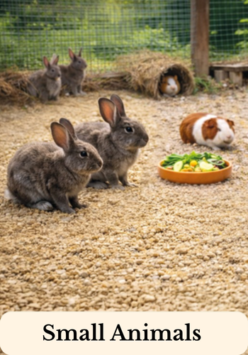 Two hares and guinnea pigs in a shared stable with straw pellets