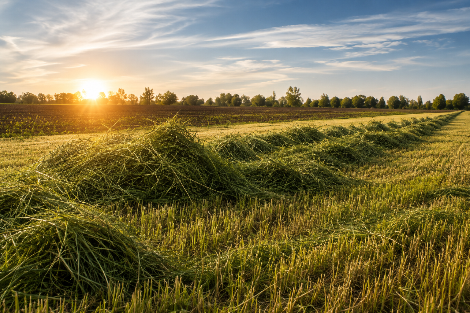 Hay on a field in the evening light