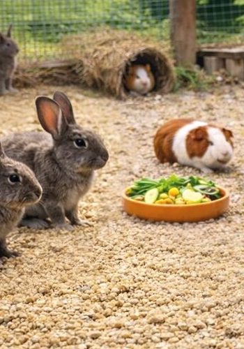 Hares and guinnea pigs in a joint stable with some greens on straw pellets