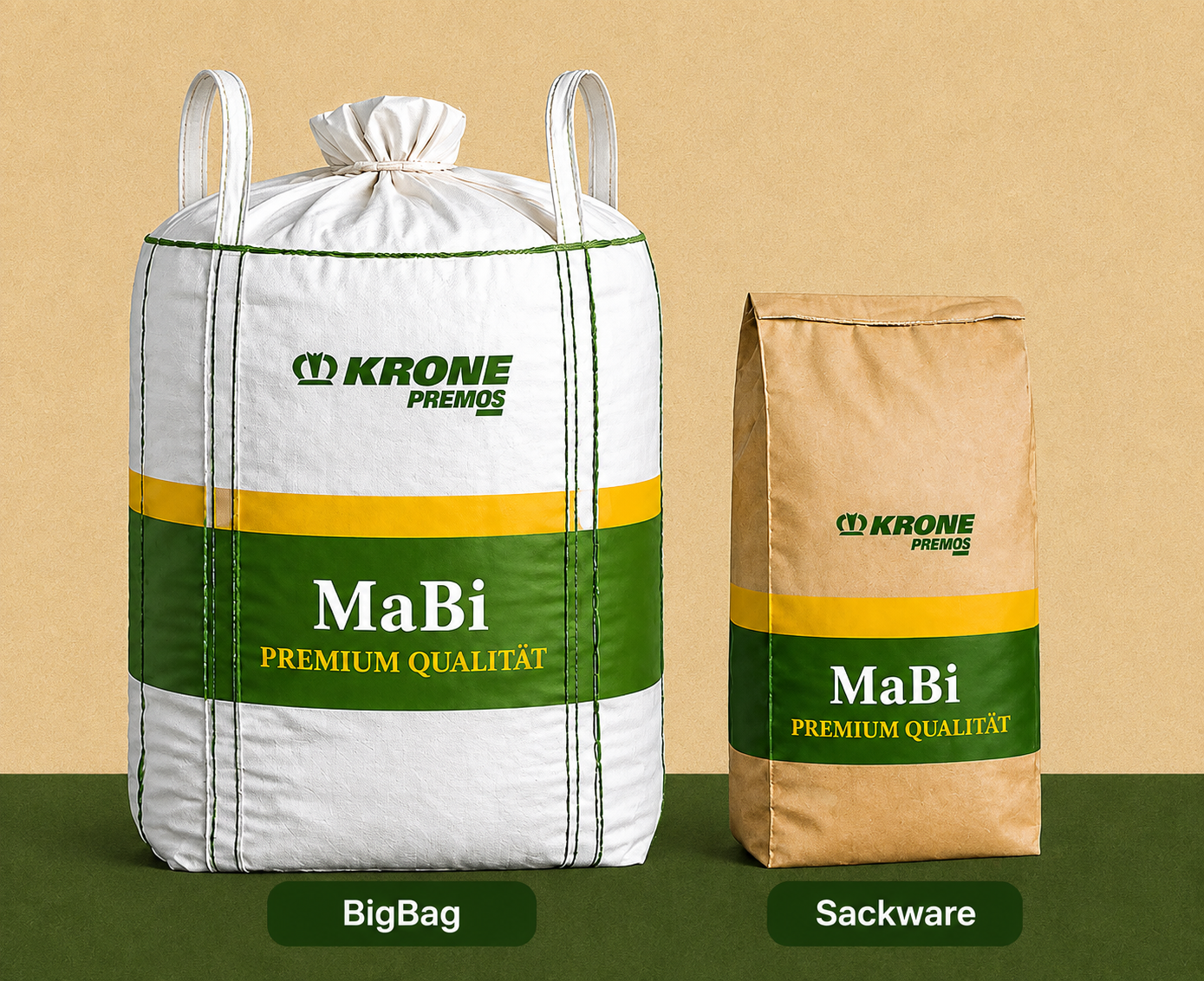 Produktbild von den verschiedenen Gebindegrößen, in denen man die MaBi Strohpellets erwerben kann