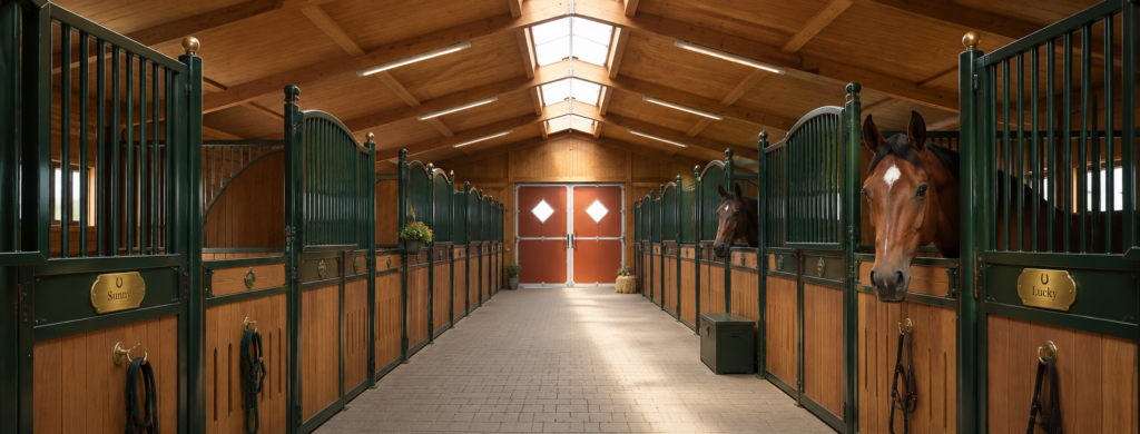 Stablebuilding out of wood with green accents and a horse on a right side