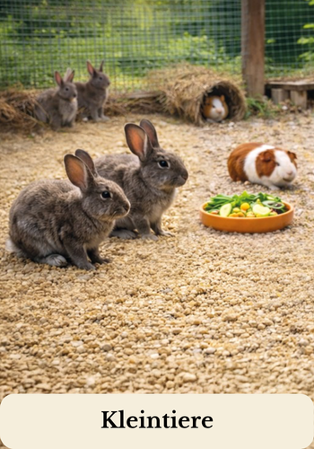 Hasen und Meerschweinchen in einem Stall um eine Futterschüssel herum auf Strohpellets